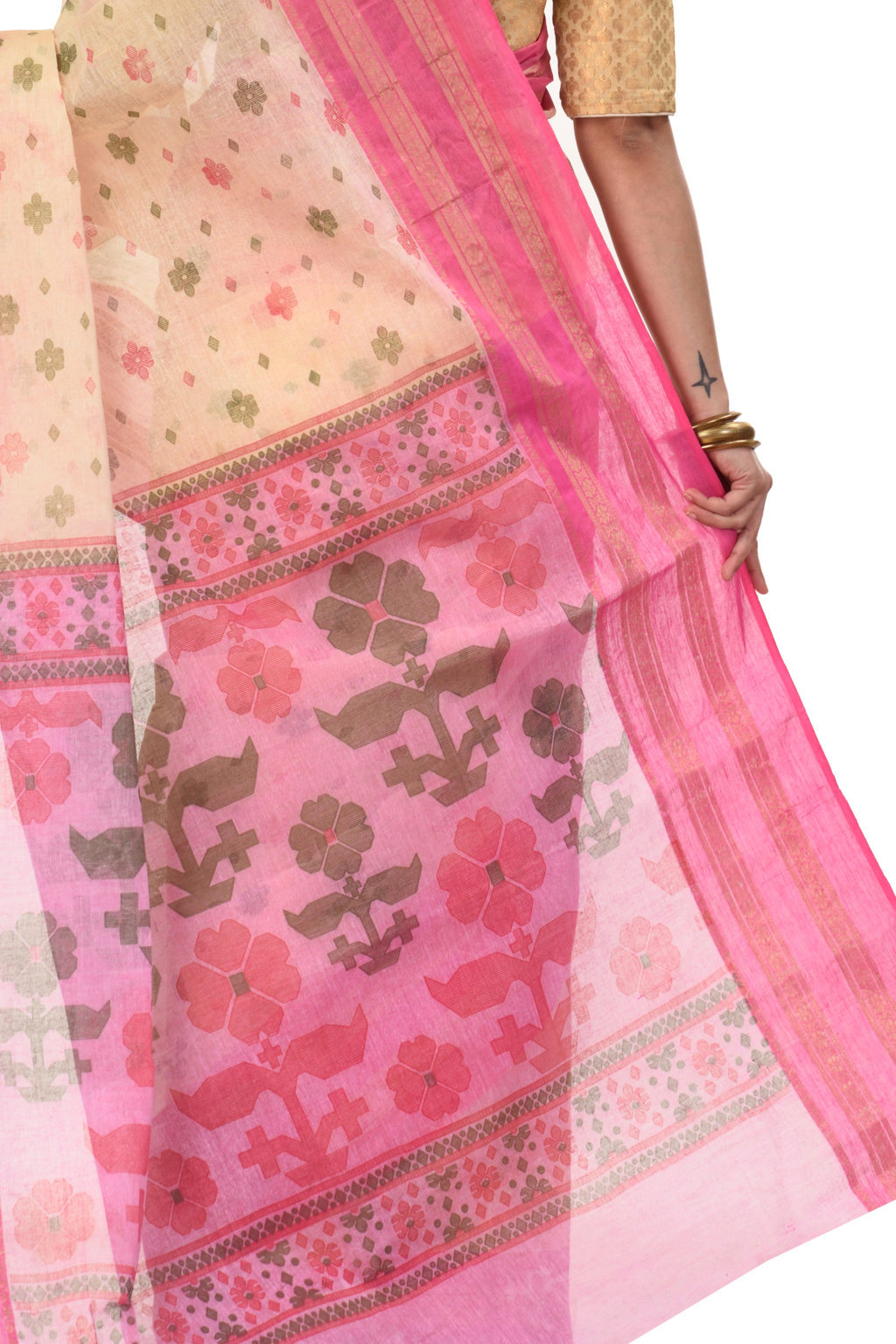 Pink Pure Cotton FullBall Print Tant Saree Print (433)